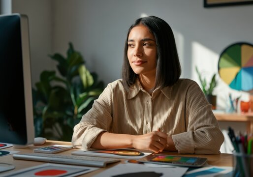 Young creative professional working on color palettes and graphic design projects in a bright and inspiring workspace - Powered by Adobe