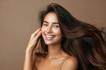 Obraz premium Happy brunette woman touching her beautiful long hair, Generative AI