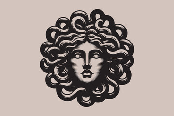 Gorgon medusa. Stylized black-and-white illustration of Medusa's head with intricate snake-like hair on a neutral background. Perfect for mythology, art, and historical themes. Emblem © Victoria