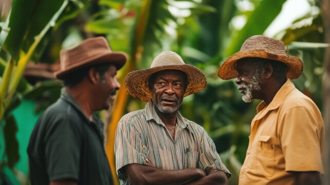 Three Elderly Farmers Conversing in Tropical Plantation