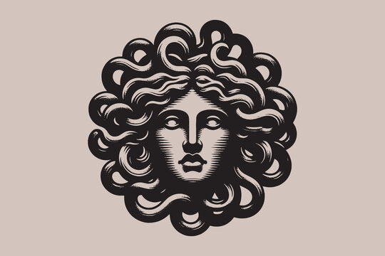Gorgon medusa. Stylized black-and-white illustration of Medusa's head with intricate snake-like hair on a neutral background. Perfect for mythology, art, and historical themes. Emblem