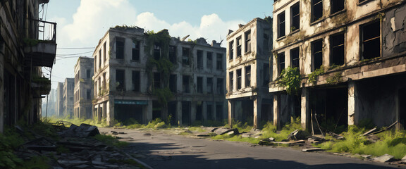 Fototapeta premium Plants are growing through the cracked asphalt of a deserted city street after an apocalypse, with crumbling buildings and debris scattered around.