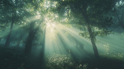 Obraz premium Sunbeams pierce through a misty forest, creating a magical atmosphere.