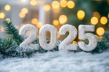 2025 snowy with christmas trees, new year