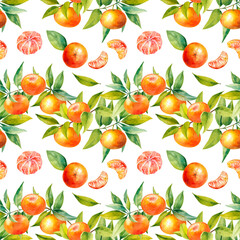 Mandarin watercolor seamless pattern, branch, leaves, ripe tangerine fruit and peeled citrus