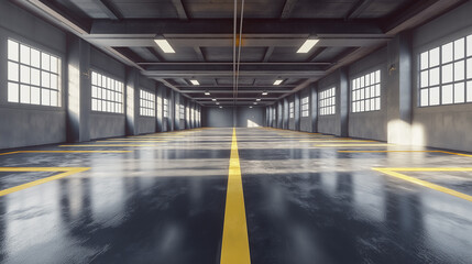 A spacious industrial warehouse with natural light. Perfect for showcasing products or creating a minimalist backdrop