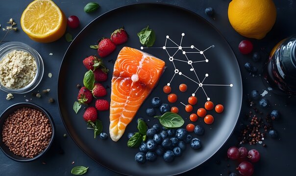 Healthy Plate Design, A stylish plate of foods rich in astaxanthin arranged in a visually appealing way