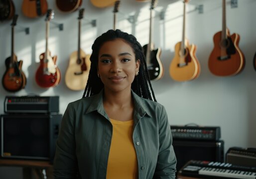 Portrait of a young saleswoman smiling in a music store, surrounded by guitars and musical instruments
