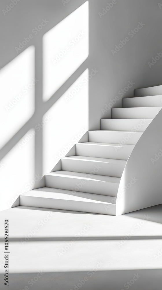 Poster bright sunlight filters through windows, casting intricate shadows on a minimalist staircase