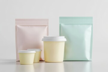 Pastel Packaging Mockup Cups and Pouches, Minimalist Product Design, Branding, 3D Render, packaging design, mockup