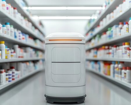 Automated medication dispensing robot in hospital pharmacy, streamlining drug distribution for efficiency
