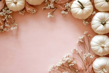 Pink Background White Pumpkins Flatlay, Autumnal Decor, Fall Still Life fall decor, pumpkin arrangement