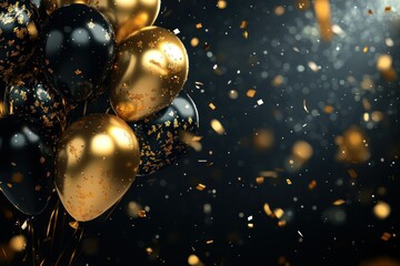 Celebratory Balloons with Confetti in Dark Background
