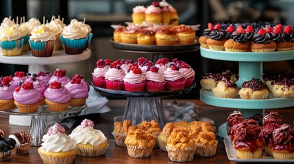 Delicious cupcake display at a local bakery food photography bright indoor setting whimsical concept