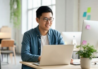 Happy young asian male freelancer smiling and working on laptop in coworking