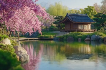 Tranquil spring garden with blooming cherry trees