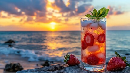 italian fior di fragola cocktail in a sunset view background