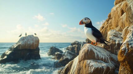 Fototapeta premium Atlantic Puffin or Common Puffin Standing on Rock Cliff with Ocean View, Icelandic Animal