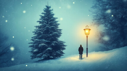 Obraz premium Illustration of a lone evergreen tree blanketed in soft snow under a twilight sky
