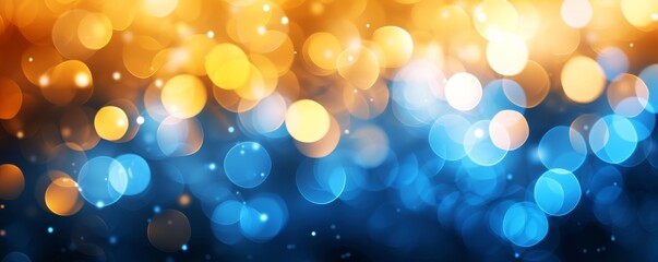 Blue and yellow circular reflections. Blured Christmas and New Year light. Winter abstract defocused background, Generative AI