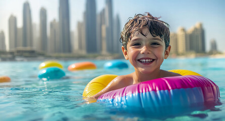 Smiling boy enjoying a colorful float in a pool with skyscrapers in the background on a sunny day