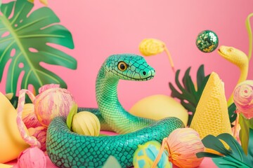 Fototapeta premium Colorful Snake Surrounded by Tropical Decor