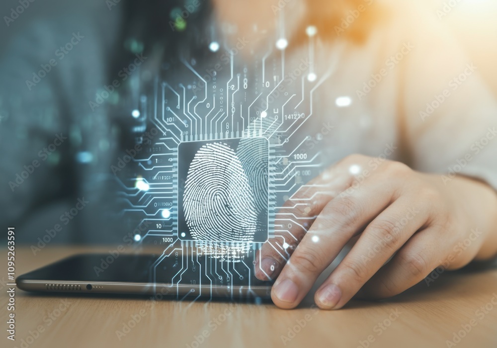 Poster hand touching tablet with glowing fingerprint sensor, ensuring secure access through biometric techn