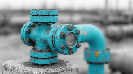 Industrial Blue Pipe Valve Manufacturing Facility Close Up