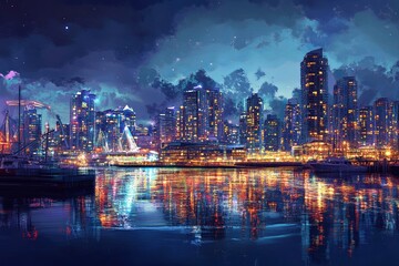 Obraz premium Vibrant night cityscape reflections urban waterfront digital art modern city aerial view urban splendor