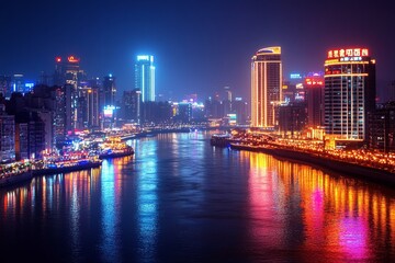 Nighttime river view city skyline urban landscape vibrant lights aesthetic perspective modern vibes