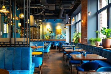 Fototapeta premium Interior of a restaurant with tables and chairs, shallow depth of field