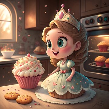 Enchanted Princess in Cupcake Dress Creating Sweet Magic in Royal Kitchen