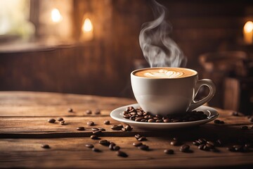 Create a high-quality image of a steaming cup of coffee on a rustic wooden table, with warm lighting and a cozy atmosphere.