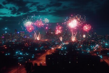 Fototapeta premium Colorful Fireworks Over City Skyline at Night
