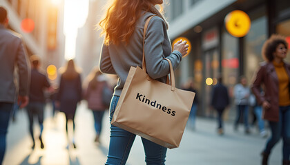 Obraz premium Casual woman holding beige tote bag with kindness inscription in bustling city street
