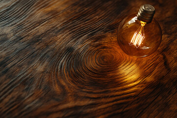 Fototapeta premium Vintage Edison Bulb on Rustic Wooden Table. Warm, Rustic, and Aesthetic Photography. Perfect for Home Decor and Interior Design Inspiration.
