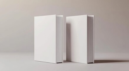 3D book mockup template featuring two white books standing upright on the left and right, with blank covers.