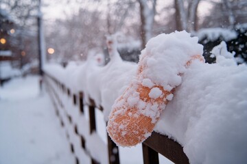 Winter wonderland as a single shoe rests on a snowy fence. Generative AI