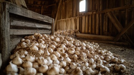 Rustic Barn Harvest Garlic Bulbs Stored in Wooden Bin