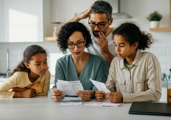 Family struggling with financial problems reviewing domestic bills and paperwork at home