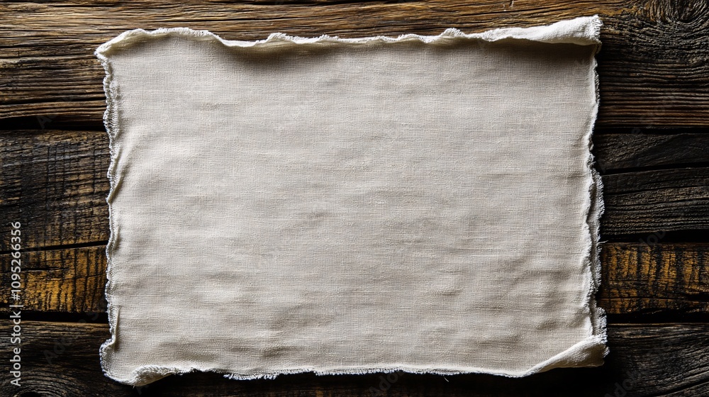Poster empty canvas fabric lying on rustic wooden table background
