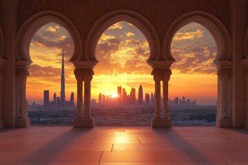 Sunset View from Archway in Dubai Cityscape