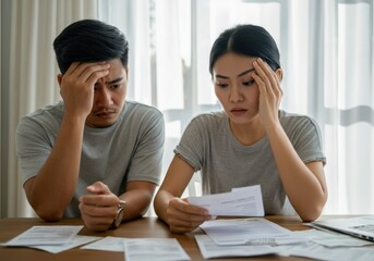 Young asian couple worried about home finances, checking domestic bills and calculating expenses