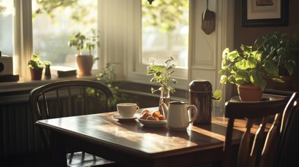 Sunny Morning Table Setting with Teacup and Fruit
