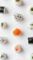 Fototapeta premium 料理デザインのための、航空写真付きの白くてきれいな背景にミニマリストな寿司のアレンジメント