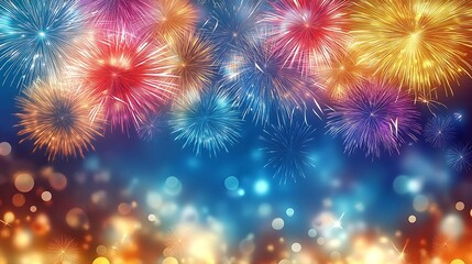 Fototapeta premium Vibrant Fireworks Display Against Dark Blue Sky 
