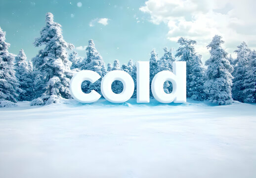 Captivating Scene Featuring the Word "Cold" Set Against a Stunning Icy Landscape with Snow-Covered Trees and a Clear Sky, Evoking Winter Wonder and Serenity
