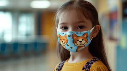 Young girl in a classroom wearing a colorful face mask with cartoon animals. Concept of child health and safety. For educational material on mask-wearing
