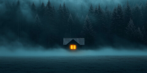 misty morning in the dark forest, small hut with lit window © Julia