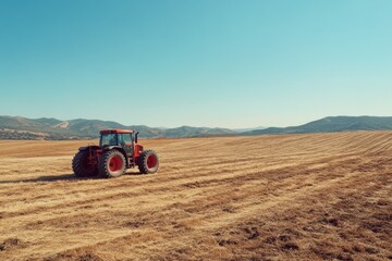 Obraz premium Red Tractor on Golden Field Under Clear Sky